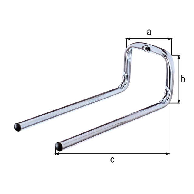 Wall hook, double-angled, straight, Material: raw steel, Surface: blue galvanised, Width: 90 mm, Height: 80 mm, Depth: 200 mm, Max. load capacity: 10 kg, Tube Ø: 12 mm Wall hook, double-angled, straight, Material: raw steel, Surface: blue galvanised, Width: 90 mm, Height: 80 mm, Depth: 200 mm, Max. load capacity: 10 kg, Tube Ø: 12 mm