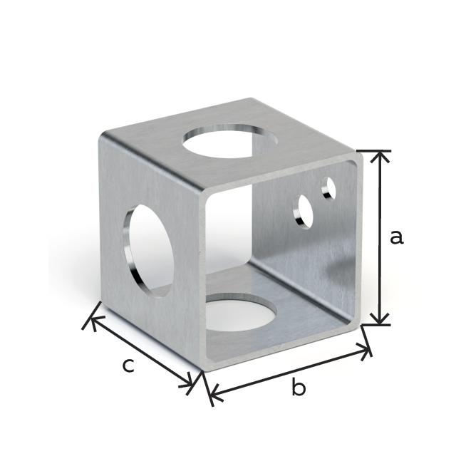 Befestigungswürfel, Material: Stahl roh, Oberfläche: galvanisch verzinkt, Dickschichtschutz, Höhe: 40 mm, Breite: 40 mm, Tiefe: 40 mm, Artikelbeschreibung: ohne Display für Nachbestellungen, Materialstärke: 2,00 mm, Anzahl Löcher: 3 / 1 / 1, Loch: Ø21 / Ø7,5 / Ø5 mm, 10 Jahre Garantie gegen Durchrosten