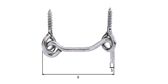 Gancho contraviento, Con ojales, Material: Acero crudo, Superficie: galvanizado, pasivado con capa gruesa, para atornillar, Contenido por U.P.: 1 Pieza, Longitud: 60 mm, Ø del gancho: 4 mm, Embalado SB Gancho contraviento, Con ojales, Material: Acero crudo, Superficie: galvanizado, pasivado con capa gruesa, para atornillar, Contenido por U.P.: 1 Pieza, Longitud: 60 mm, Ø del gancho: 4 mm, Embalado SB