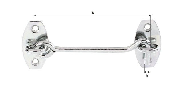 Gancho contraviento, con ojales en la pletina, con agujeros para atornillar avellanados, Material: Acero crudo, Superficie: galvanizado, pasivado con capa gruesa, para atornillar, Contenido por U.P.: 1 Pieza, Distancia centro - ojal central: 100 mm, Ø del gancho: 5,2 mm, Número de agujeros: 4, Perforación: Ø4 mm, Embalado SB Gancho contraviento, con ojales en la pletina, con agujeros para atornillar avellanados, Material: Acero crudo, Superficie: galvanizado, pasivado con capa gruesa, para atornillar, Contenido por U.P.: 1 Pieza, Distancia centro - ojal central: 100 mm, Ø del gancho: 5,2 mm, Número de agujeros: 4, Perforación: Ø4 mm, Embalado SB